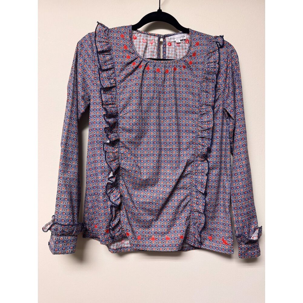 BLEU COMME GRIS Printed Embroidery Ruffle Trim Long Sleeve Blouse, Sz S
